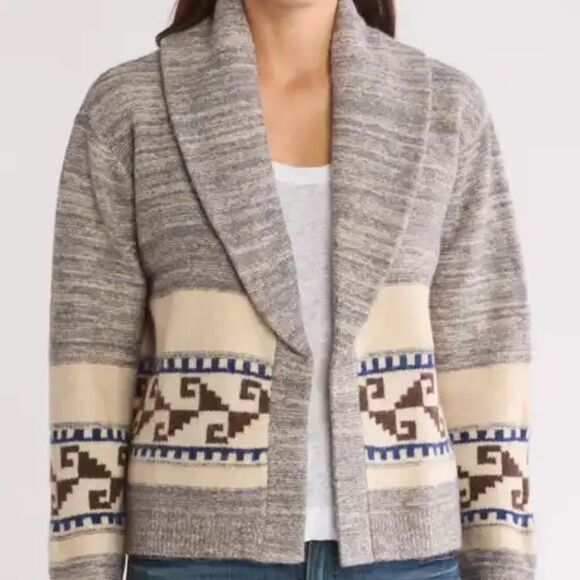EEUC Lucky Brand Shawl Neck Aztec Cardigan Sweater Gray Beige Oversized SMALL - Picture 1 of 6